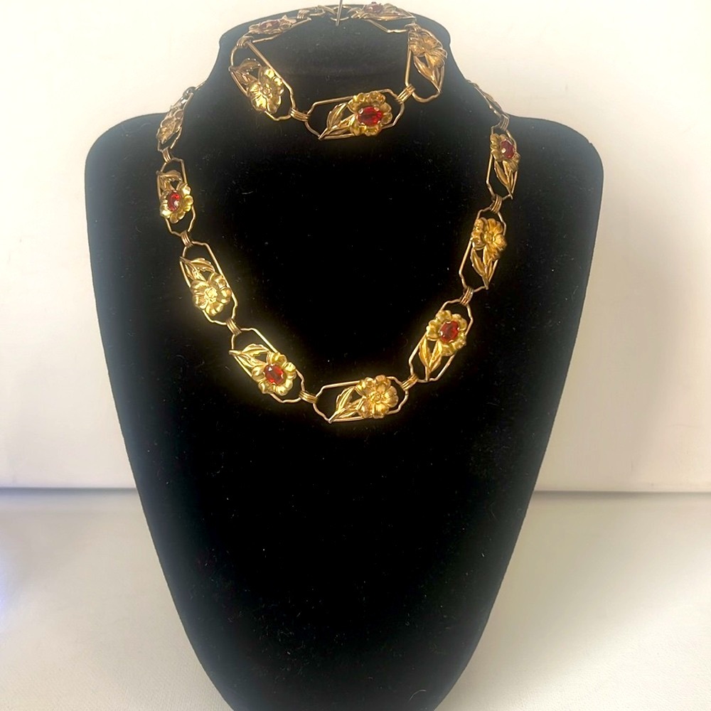Vtg 1930s PR. ST Co 1/20 12k over Sterling Red Rhinestone Necklace and Bracelet